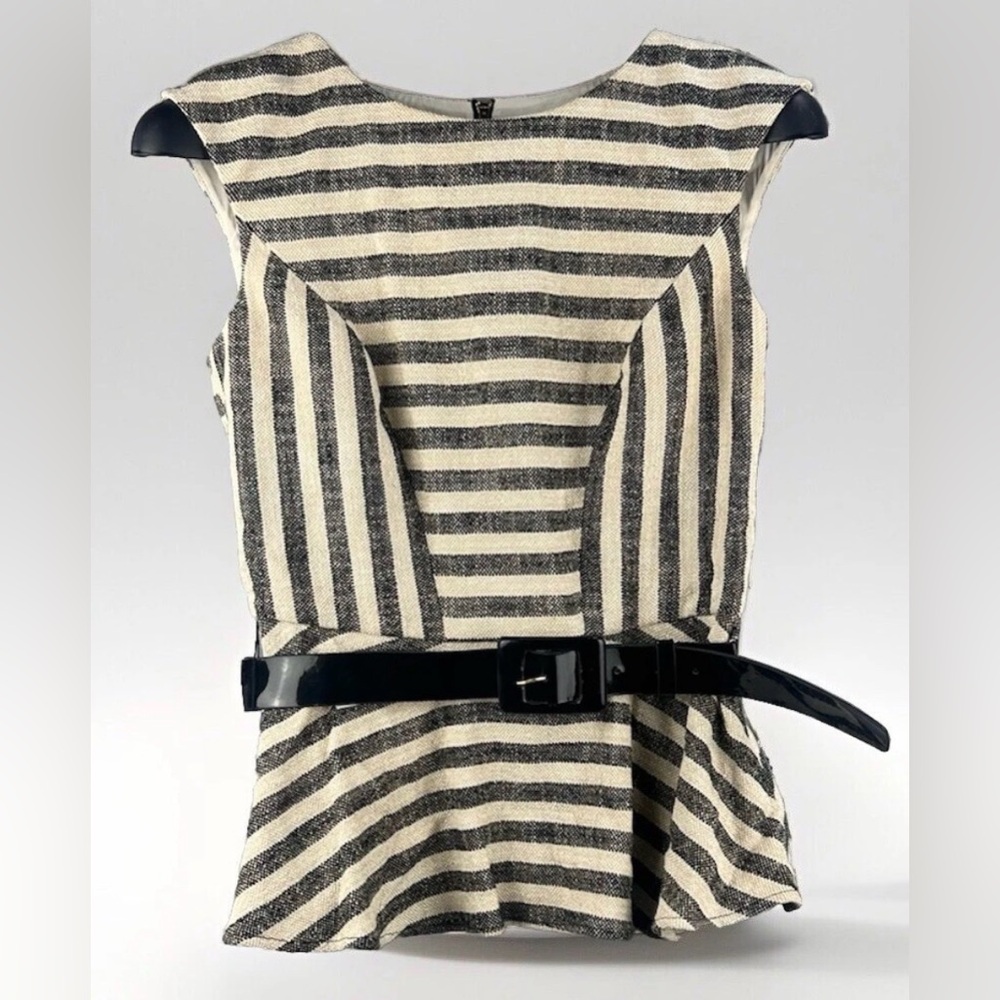 Ecetera Women's Belted Top Sz 4 Linen Cotton Blend Striped Minimalist Old Money